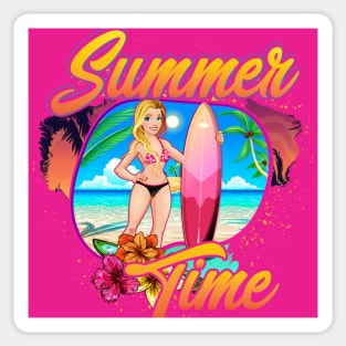 Summer Time surfer girl cute flowers beach Sticker